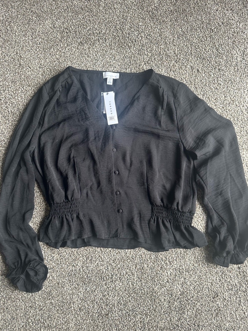 Topshop Black V-Neck Button-Front Smocked-Waist Long Sleeve Blouse